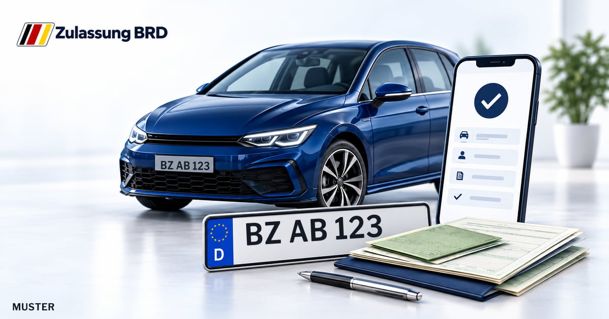 Online Fahrzeugzulassung in Kamenz: Musterkennzeichen BZ AB 123, Auto und Fahrzeugpapiere und Smartphone. Illustration mit Logo von Zulassung BRD.